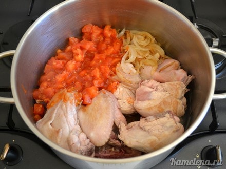 Кастрюлю с курицей, луком и